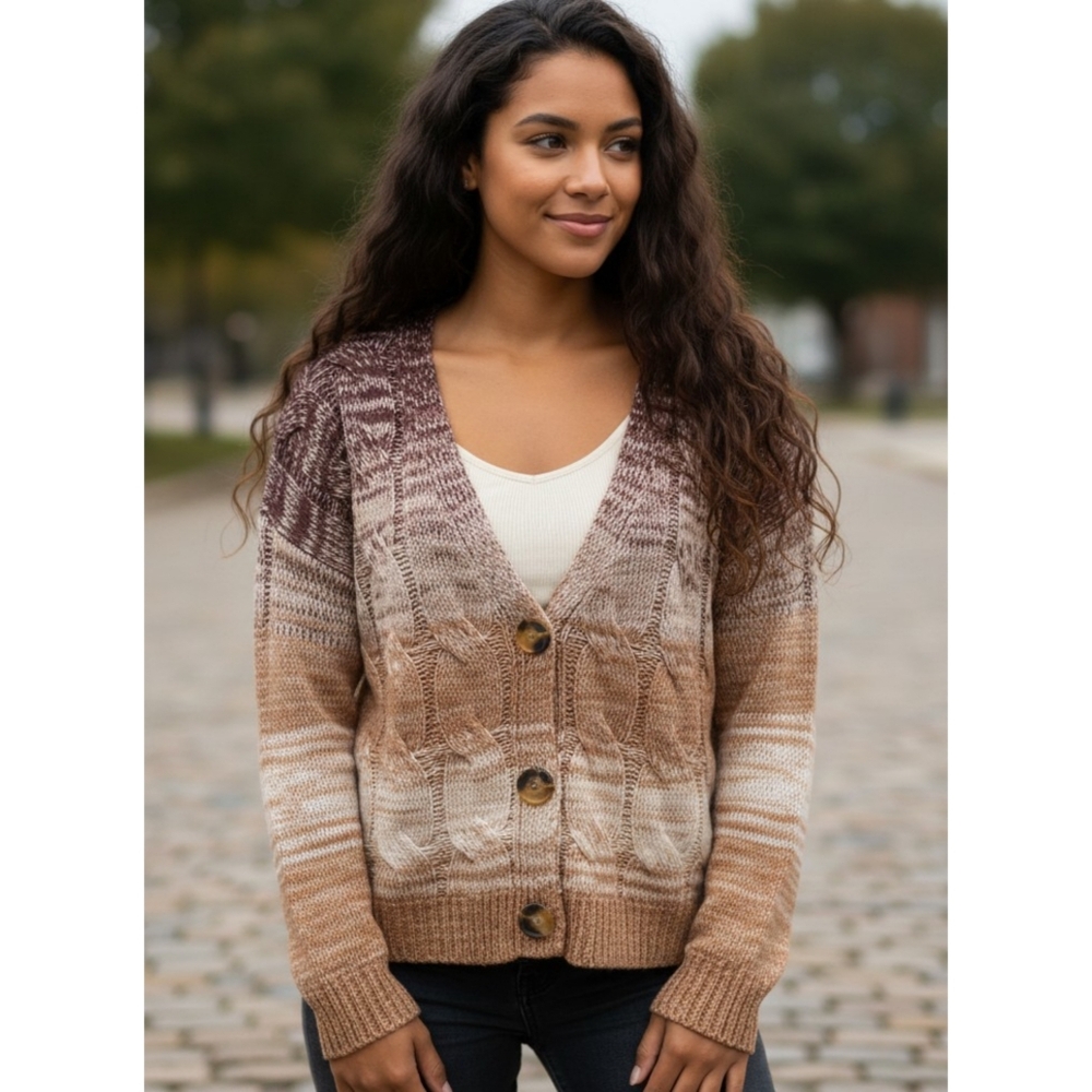Vanilla Star Ombre Vneck Button Up Cardigan Sweater Brown & Tan Size XL